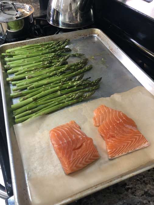 salmon and asparagus on a sheet pan